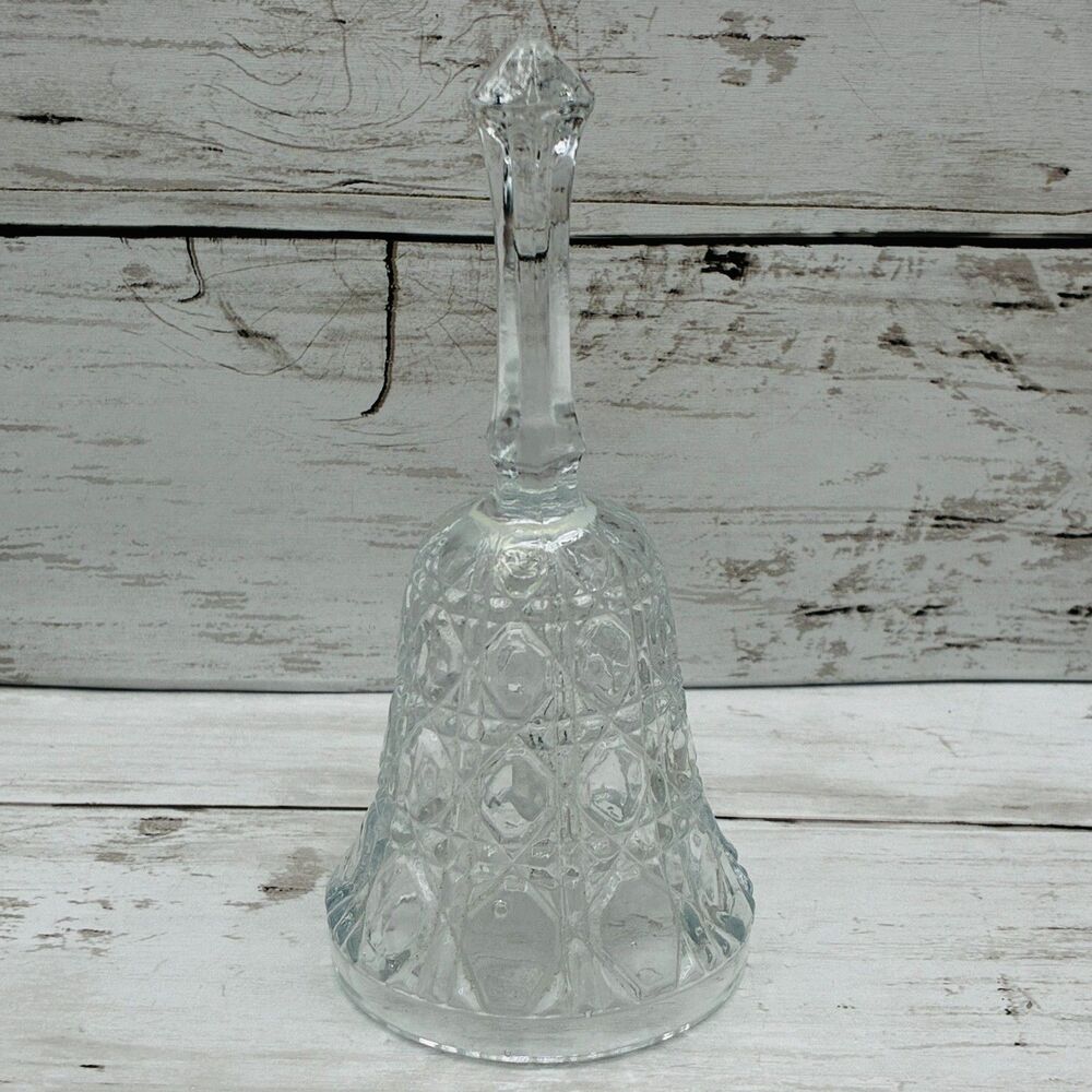 Vintage Clear Pressed Glass Bell Diamond Pattern Metal Clapper Wall Mount 5.5"